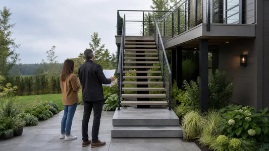 Homeowner and architect reviewing a complete exterior floating stair concept with guards and landings.