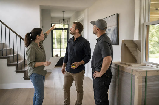 Homeowner and stair specialists checking a doorway and hallway route before a floating-stair delivery.