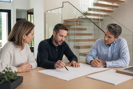 Homeowner, stair specialist, and structural engineer reviewing blank scope drawings before a floating-stair quote.