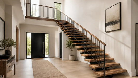 Illustrative modern entryway with a floating stair, continuous guard and handrail, clear circulation, and natural light.