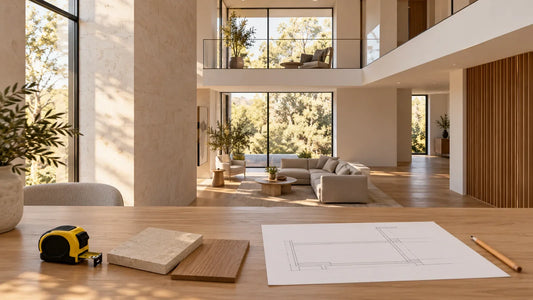 Illustrative two-level interior and floor-finish samples for a floating stair measurement brief.