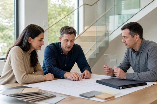 Homeowner, stair designer, and glazing specialist reviewing drawings and a glass sample before a floating-stair quote.