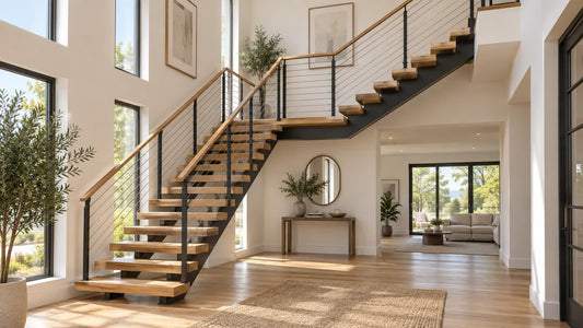 Generated illustration of an L-shaped floating staircase with two flights, a landing, guards, and handrails.