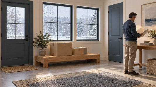 Illustrative enclosed project room with closed windows, covered packages and a planning folder while snow falls outside.