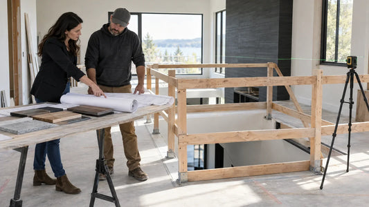 Illustrative architect and fabricator reviewing plans beside a safely protected stair opening.