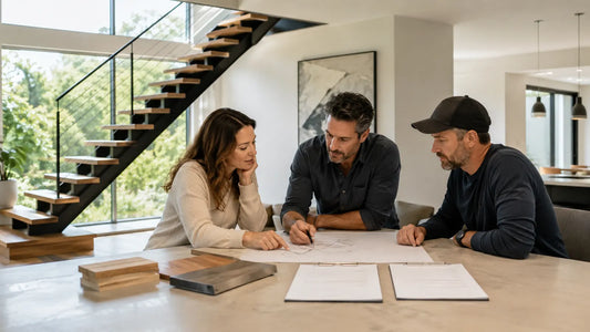Homeowner, architect, and fabricator comparing two floating stair quote scopes.