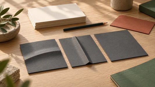Blank appearance-review cards and abstract gray relief samples arranged on a design desk.