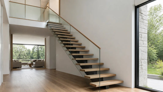 Illustrative straight floating stair with a central steel stringer, oak treads, and a continuous glass guard.