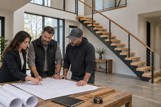 Illustrative architect, contractor, and fabricator coordinating a safely guarded floating stair project.