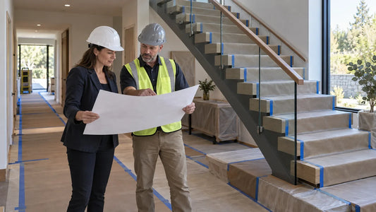 Illustrative architect and contractor reviewing temporary protection beside a safely guarded floating stair.
