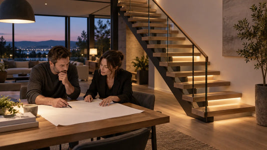 Illustrative homeowner and designer reviewing a generic floating stair lighting plan at dusk; not Senmit product photography