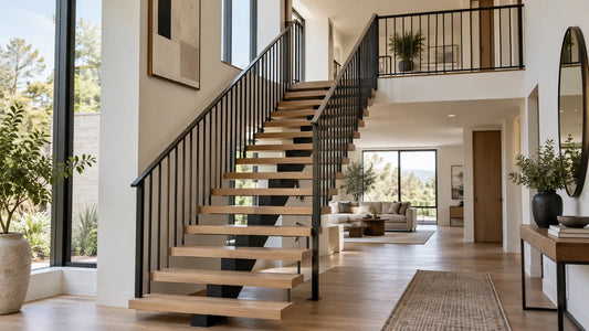 Illustrative contemporary floating staircase paired with a metal railing; not a Senmit product rendering or code detail.