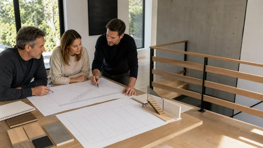 Homeowner, architect, and stair specialist reviewing a floating-stair budget allowance.