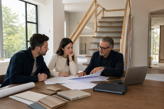 Homeowner, architect, and stair specialist reviewing project documents before a floating stair deposit.