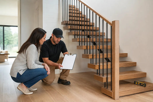 Homeowner and installer reviewing an illustrative floating stair before project handover.