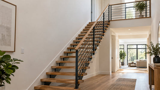 Illustrative residential open-riser stair scene with continuous guardrails; not a Senmit product photo