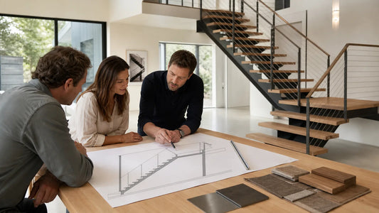 Homeowner and stair professionals reviewing a generic floating stair section drawing beside a completed staircase.