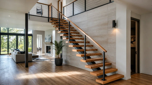 Illustrative mono-stringer floating stair with guarded open sides and a visible center support.