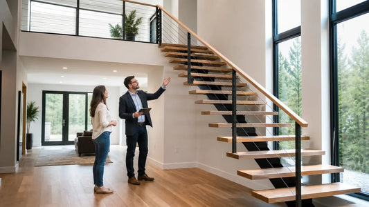 Homeowner and architect reviewing an illustrative mono-stringer floating stair with continuous guards.