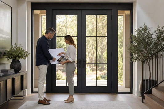 Homeowner and consultant comparing options beside an illustrative steel-framed glazed double entry door.