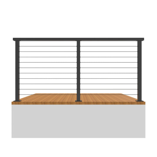 Senmit black metal posts and horizontal cables shown in a surface-mount railing product rendering.