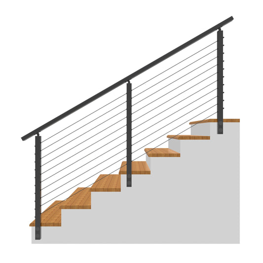 Black fascia mount cable railing installed on a wooden stair run
