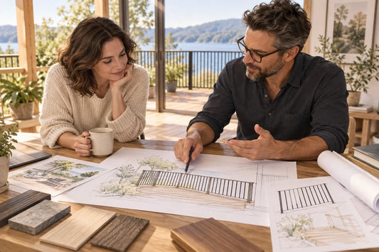 Illustrative homeowner and designer reviewing an abstract deck guard concept; not a Senmit product photo or installation drawing