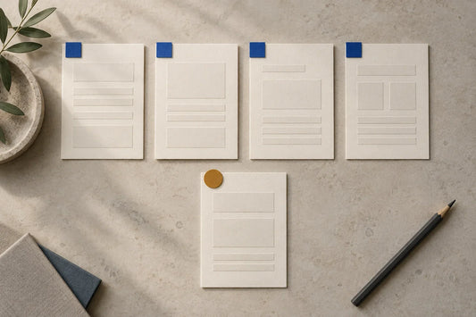 Five blank document cards arranged with colored markers for organizing a project record.