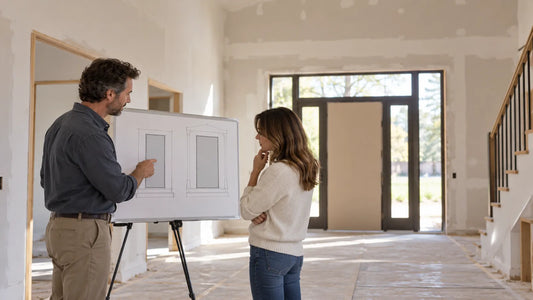 Architect and homeowner reviewing generic front-entry sketches in a renovation foyer
