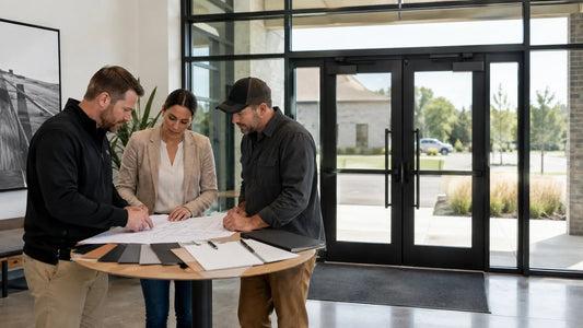 Commercial owner and contractors reviewing a custom steel entry door quote scope.