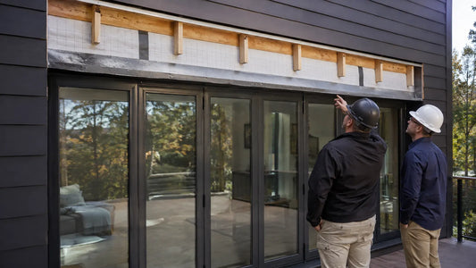 Contractor and architect inspecting the head of a wide bifold door before exterior cladding is completed.
