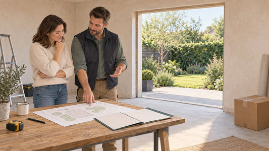 Illustration of a homeowner and project coordinator reviewing a delivery plan beside an empty ground-floor door opening.