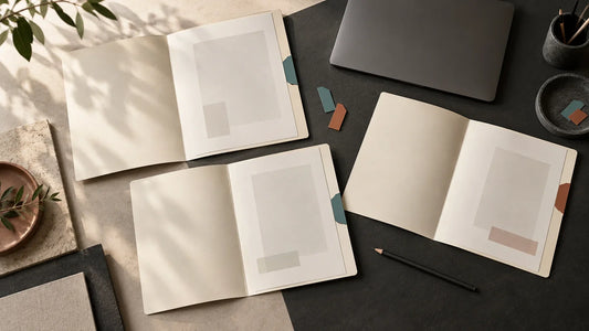 An organized project desk with blank document folders, a closed laptop, and colored page markers for comparing supplier information.