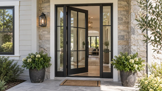 Generated illustration of a finished black steel-and-glass front door in a residential entry.