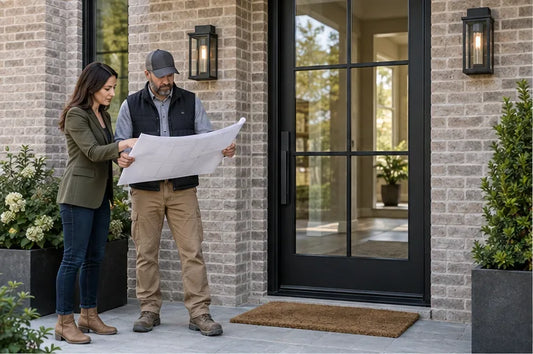 Illustrative architect and contractor reviewing a steel exterior door and frame project.