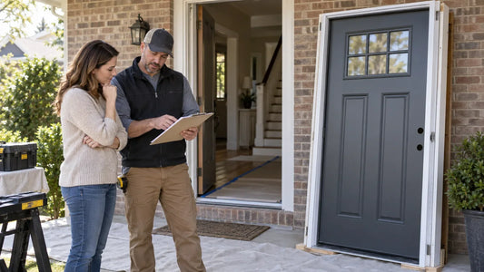 Illustrative homeowner and door professional reviewing scope beside a generic prehung exterior door unit.