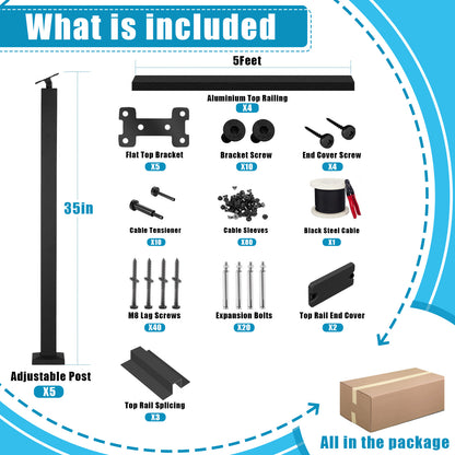 Senmit 36" 5ft-25ft Black Surface Mount All-in-One Complete Stair Cable Railing System DIY Kit With Aluminum LED Handrail