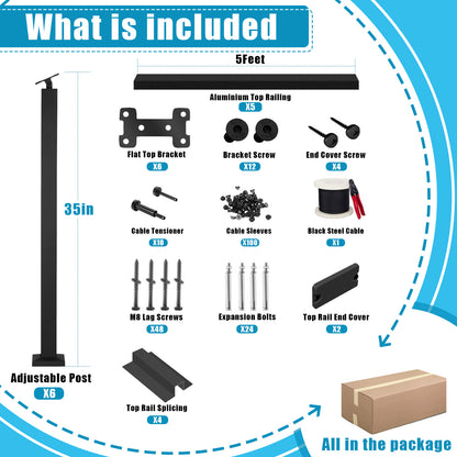 Senmit 36" 5ft-25ft Black Surface Mount All-in-One Complete Stair Cable Railing System DIY Kit With Aluminum LED Handrail