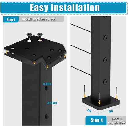 Senmit Surface Mount  Cable Railing Post - Stainless Steel 2”x2” Square  Flat top Matte Black-SP02