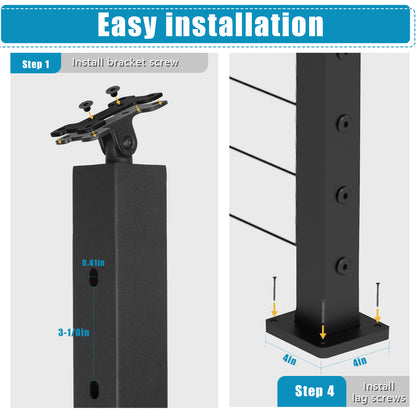 Senmit Surface Mount  Cable Railing Post - Stainless Steel 2”x2” Square  Flat top Matte Black-SP02