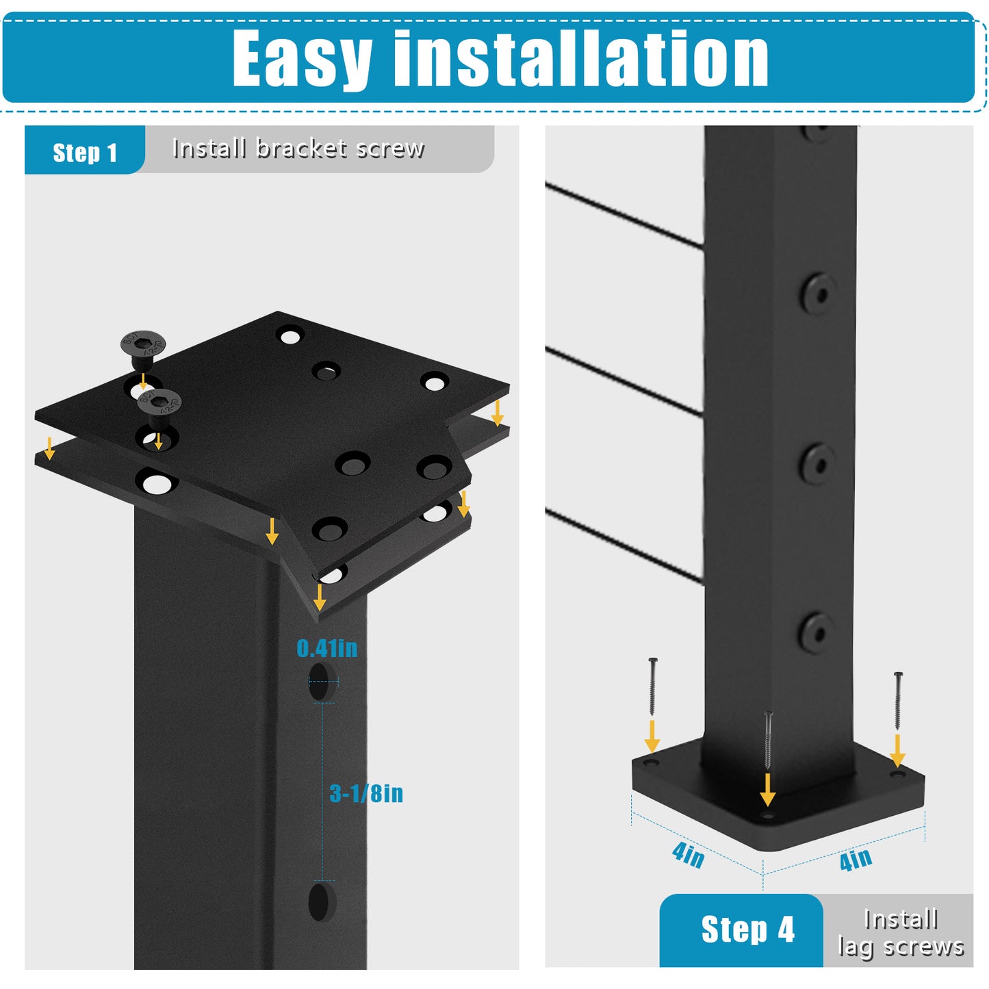 Senmit Surface Mount  Cable Railing Post - Stainless Steel 2”x2” Square  Flat top Matte Black-SP02