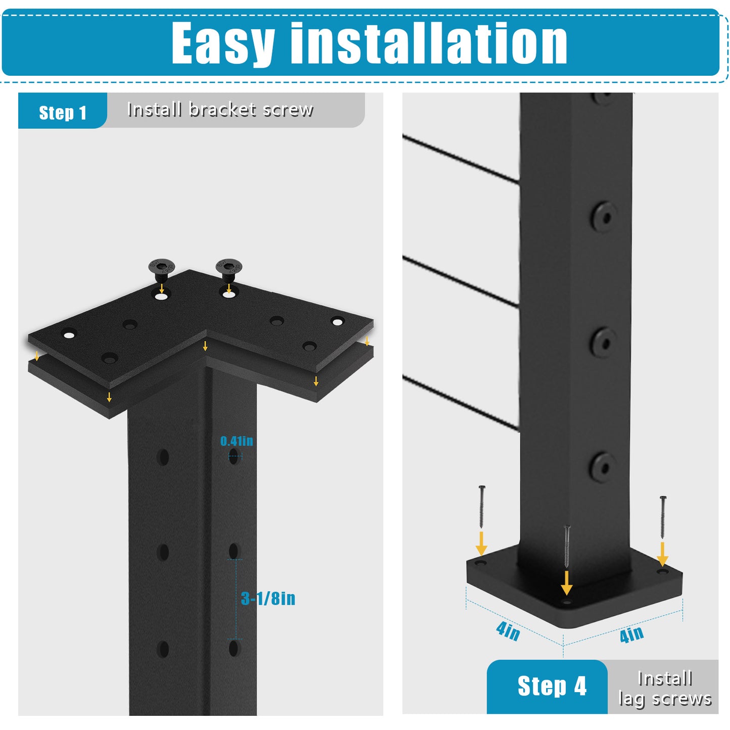 Senmit Surface Mount  Cable Railing Post - Stainless Steel 2”x2” Square  Flat top Matte Black-SP02