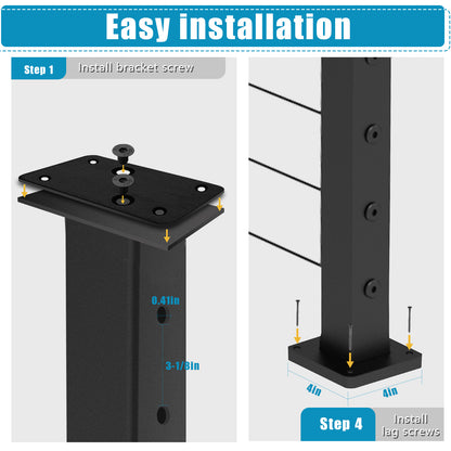 Senmit Surface Mount  Cable Railing Post - Stainless Steel 2”x2” Square  Flat top Matte Black-SP02