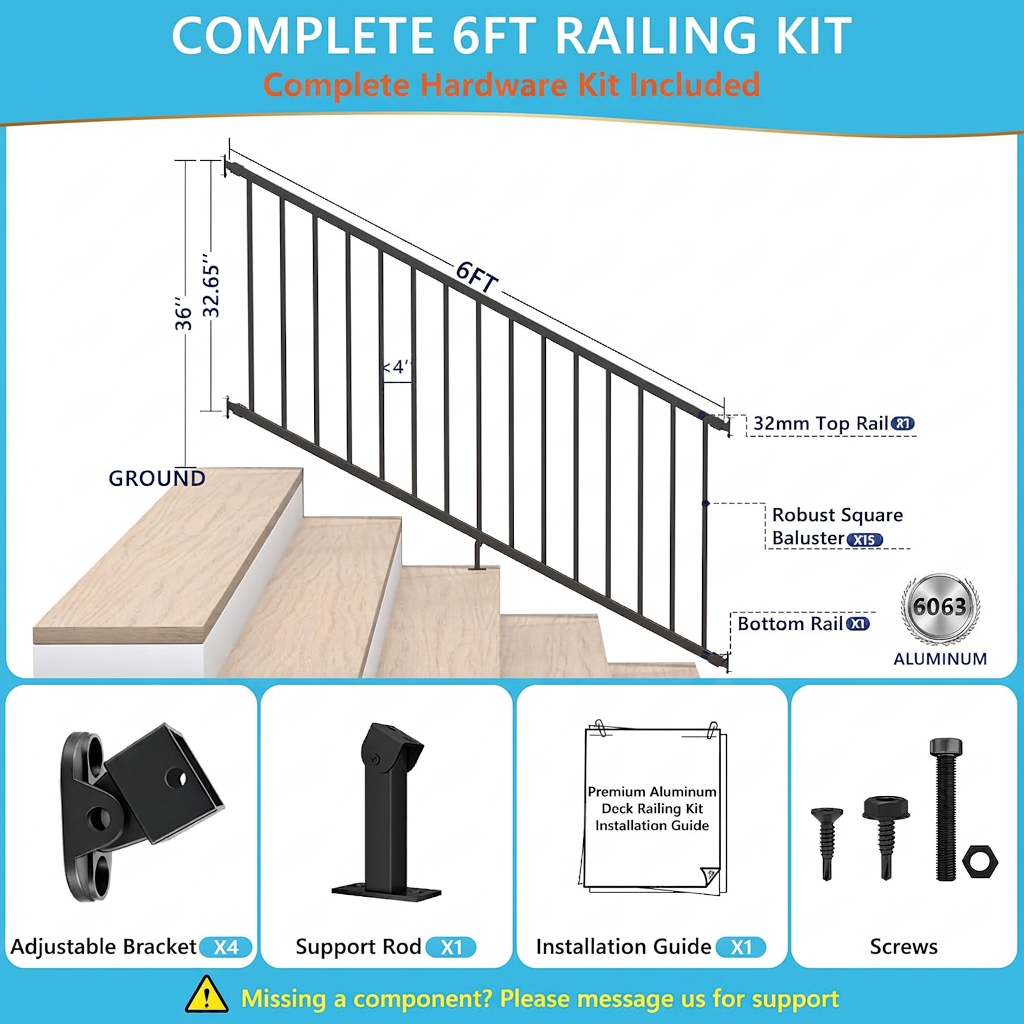 SENMIT 36-Inch Aluminum Stair Railing Panel, 4FT / 6FT / 8FT (Post not included)