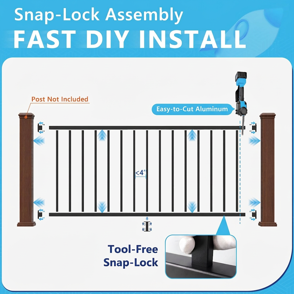 SENMIT 36-Inch Aluminum Stair Railing Panel, 4FT / 6FT / 8FT (Post not included)
