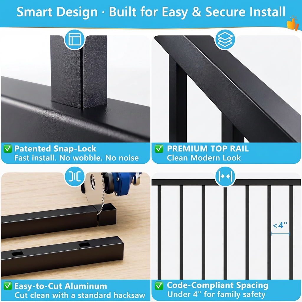 SENMIT 36-Inch Aluminum Stair Railing Panel, 4FT / 6FT / 8FT (Post not included)