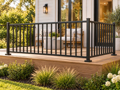 AI-generated illustrative deck scene with black aluminum vertical-picket railing, square posts and flat-top base covers.