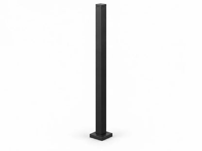 AI-generated product visualization of a black aluminum square railing post. Posts have matching low-profile square decorative base covers with 100 x 100 mm outer dimensions. 
