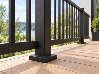 AI-generated installed scene of a black aluminum square railing post. Posts have matching low-profile square decorative base covers with 100 x 100 mm outer dimensions. Not an actual project photo. 