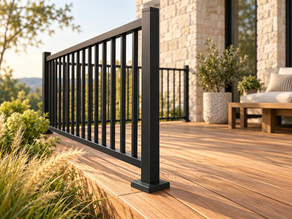 AI-generated illustrative deck view of a black square post with a flat-top base cover; adjacent railing panels are not included.